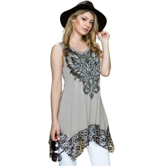 Vocal Tops - new VOCAL FLEUR-DE-LIS animal print LEOPARD LACE SEXY  tunic tank top TAN SM-XL